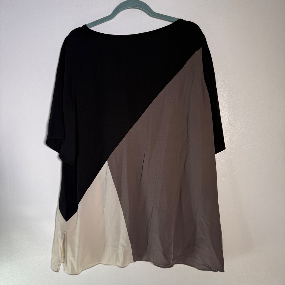 Eileen Fisher 100% Silk Colorblock Blouse Womens XL Black Taupe Short Sleeve - Picture 5 of 5